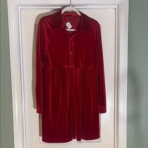 Red Velvet Button-Up Dress